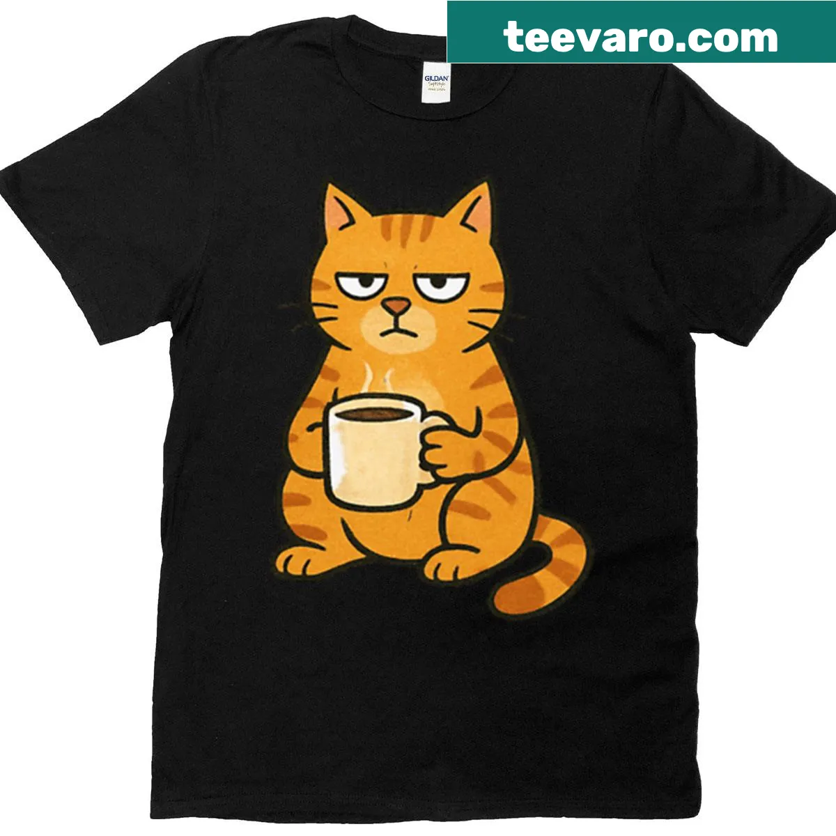 Grumpy ginger cat holding coffee cup graphic — on a men's t-shirt