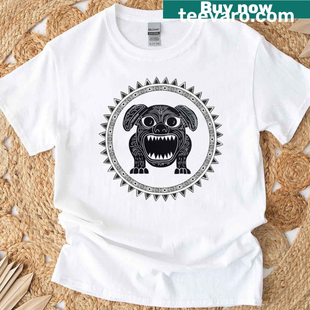 Tribal dog print graphic on T-shirt honoring canine guardianship — on a men's t-shirt