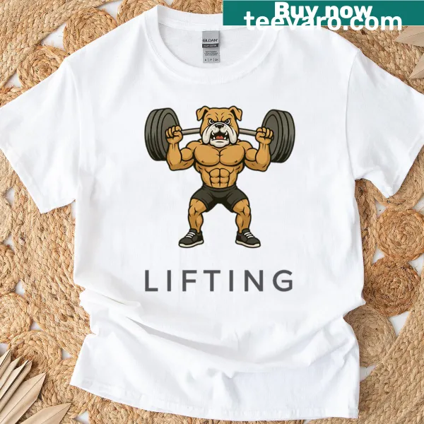Illustration of a bulldog lifting weights on T-shirt