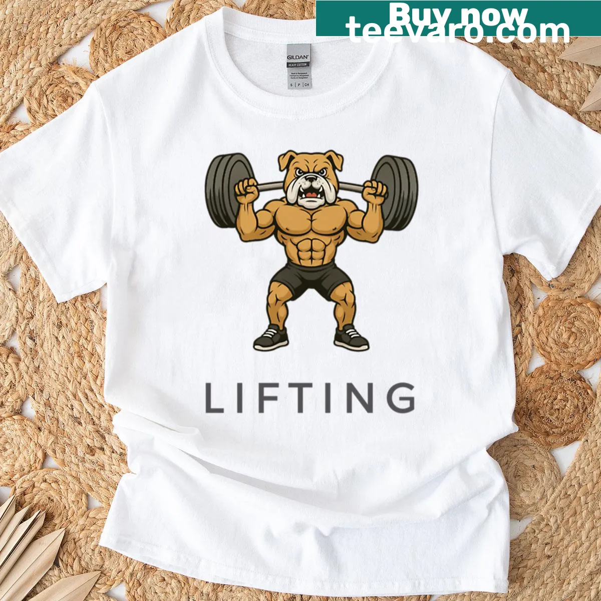 Illustration of a bulldog lifting weights on T-shirt — on a men's t-shirt
