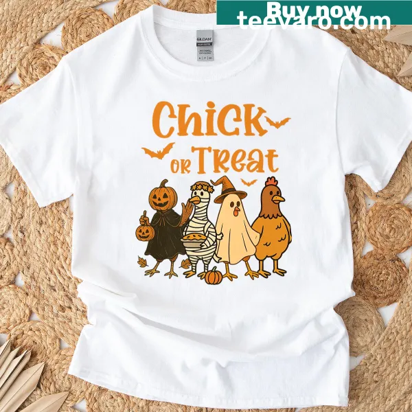 Cartoon Halloween T-shirt featuring a chicken ghost and pumpkins