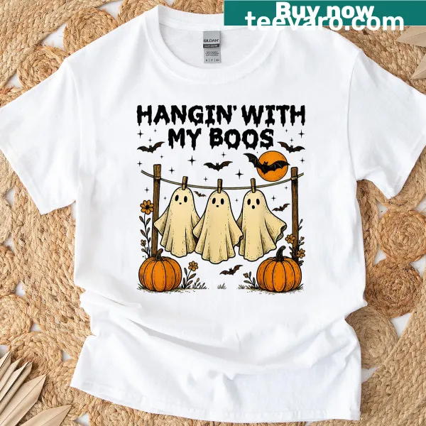 Cute Halloween T-shirt featuring ghost and pumpkin design