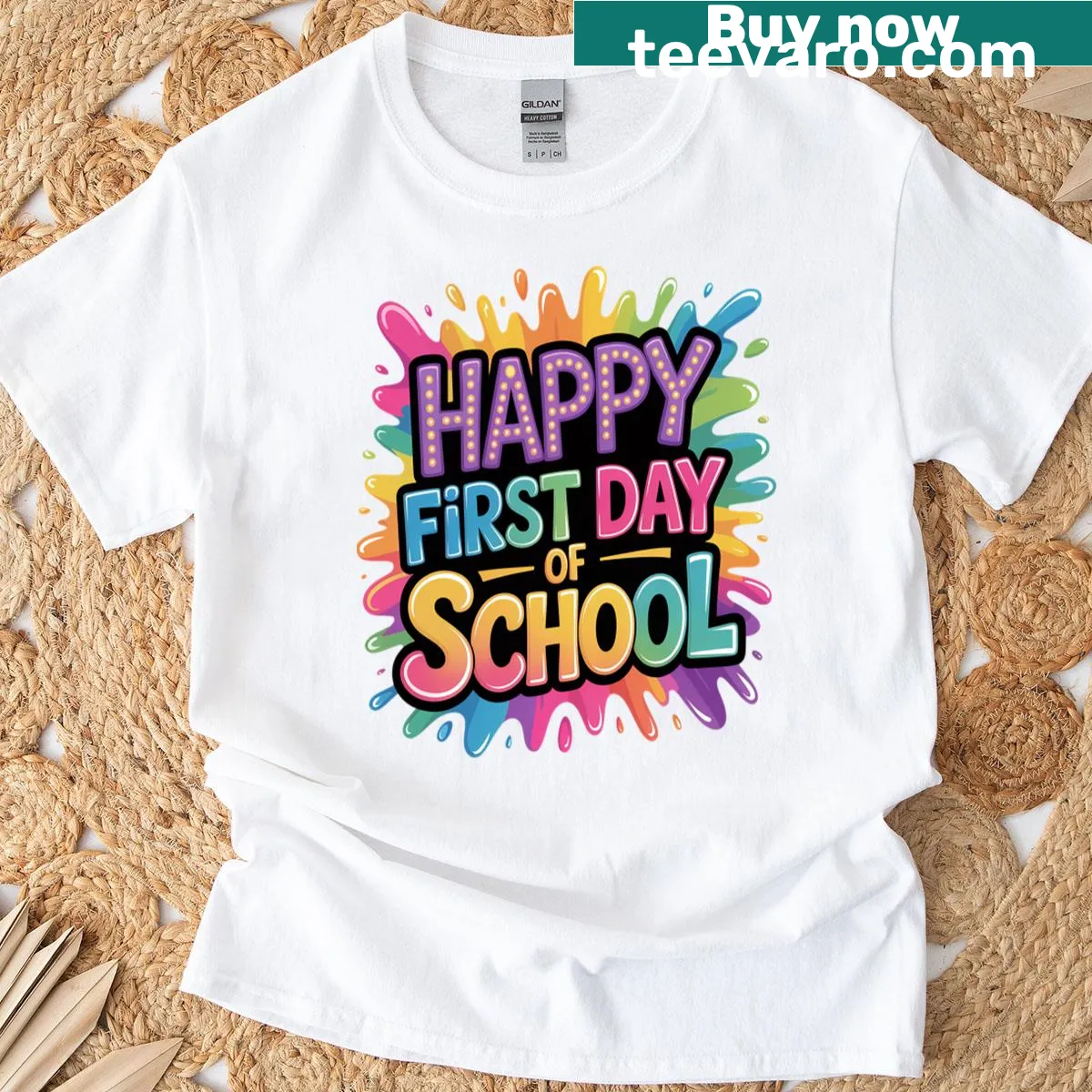 T-shirt celebrating the first day of school with cheerful text — on a men's t-shirt