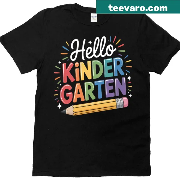 'Hello Kindergarten' greeting on a t-shirt