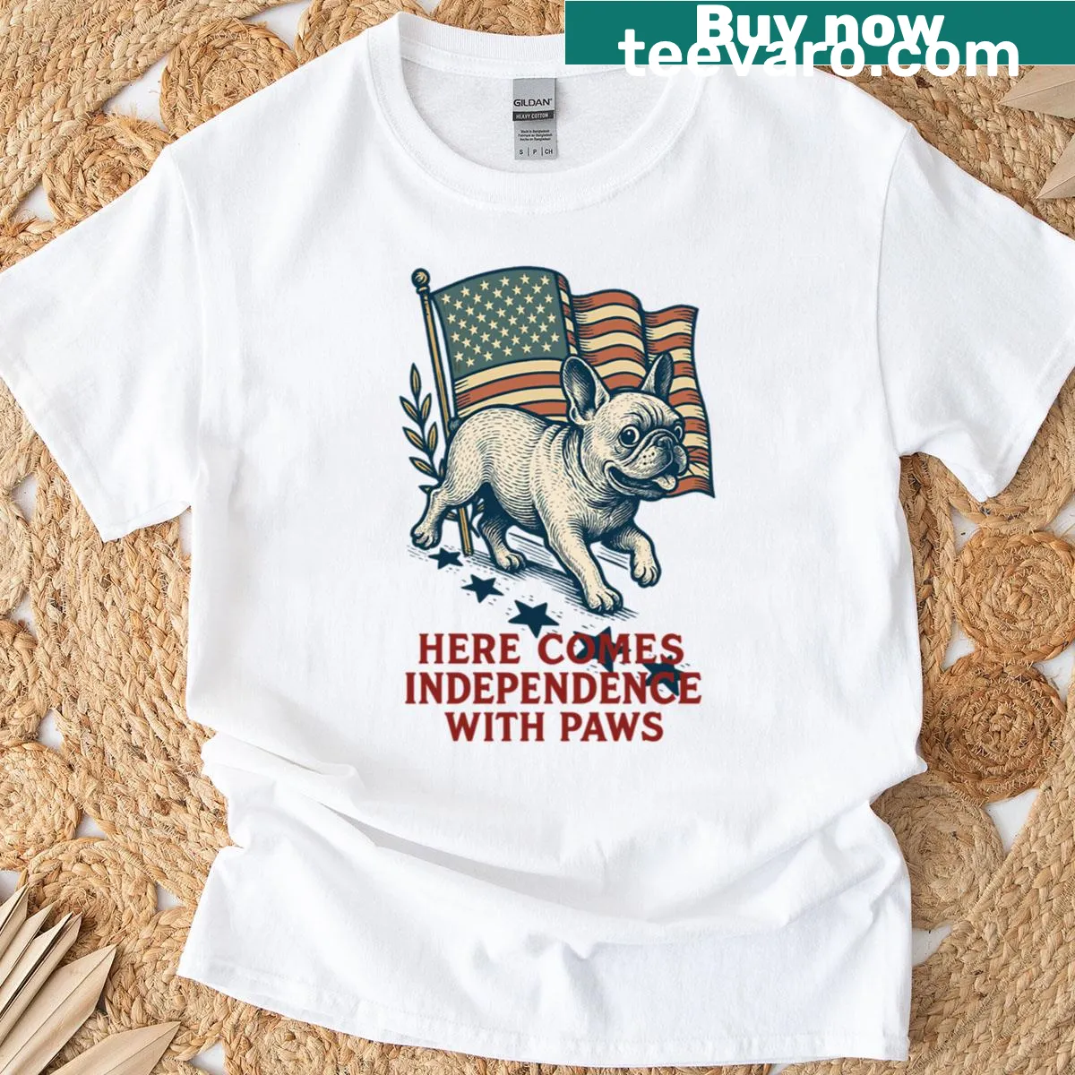 French Bulldog themed T-shirt with humorous independence phrase — on a men's t-shirt