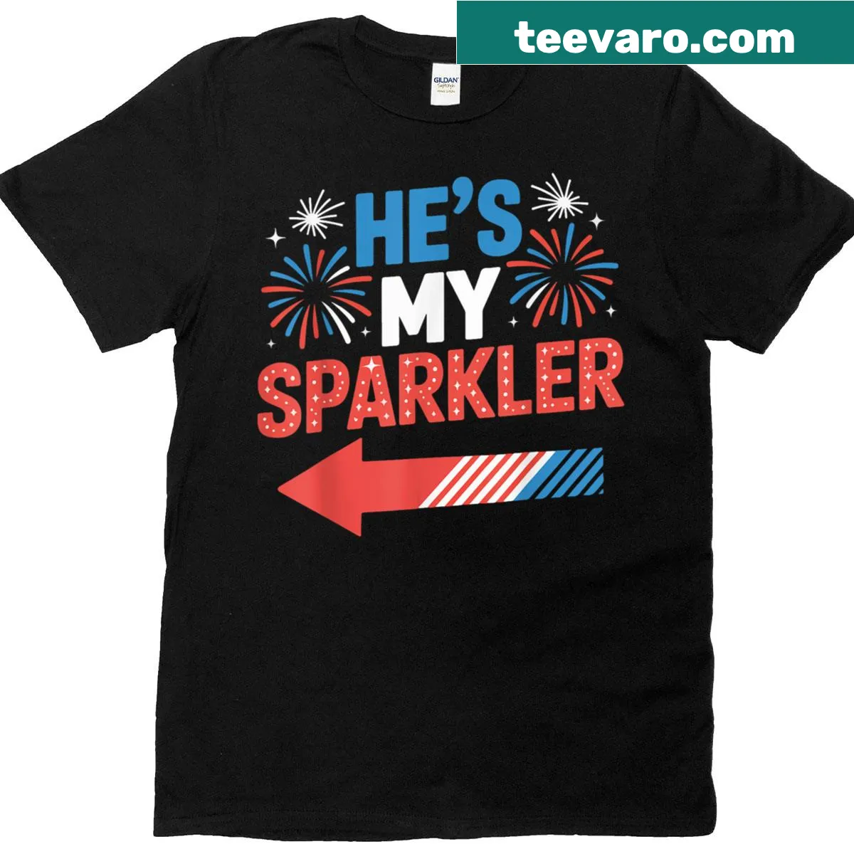 Couple's Fourth of July T-shirt with 'He's My Sparkler' text — on a men's t-shirt