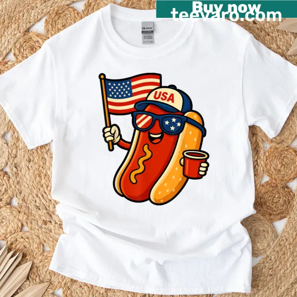 Funny hot dog t-shirt with patriotic USA flag design for July 4th