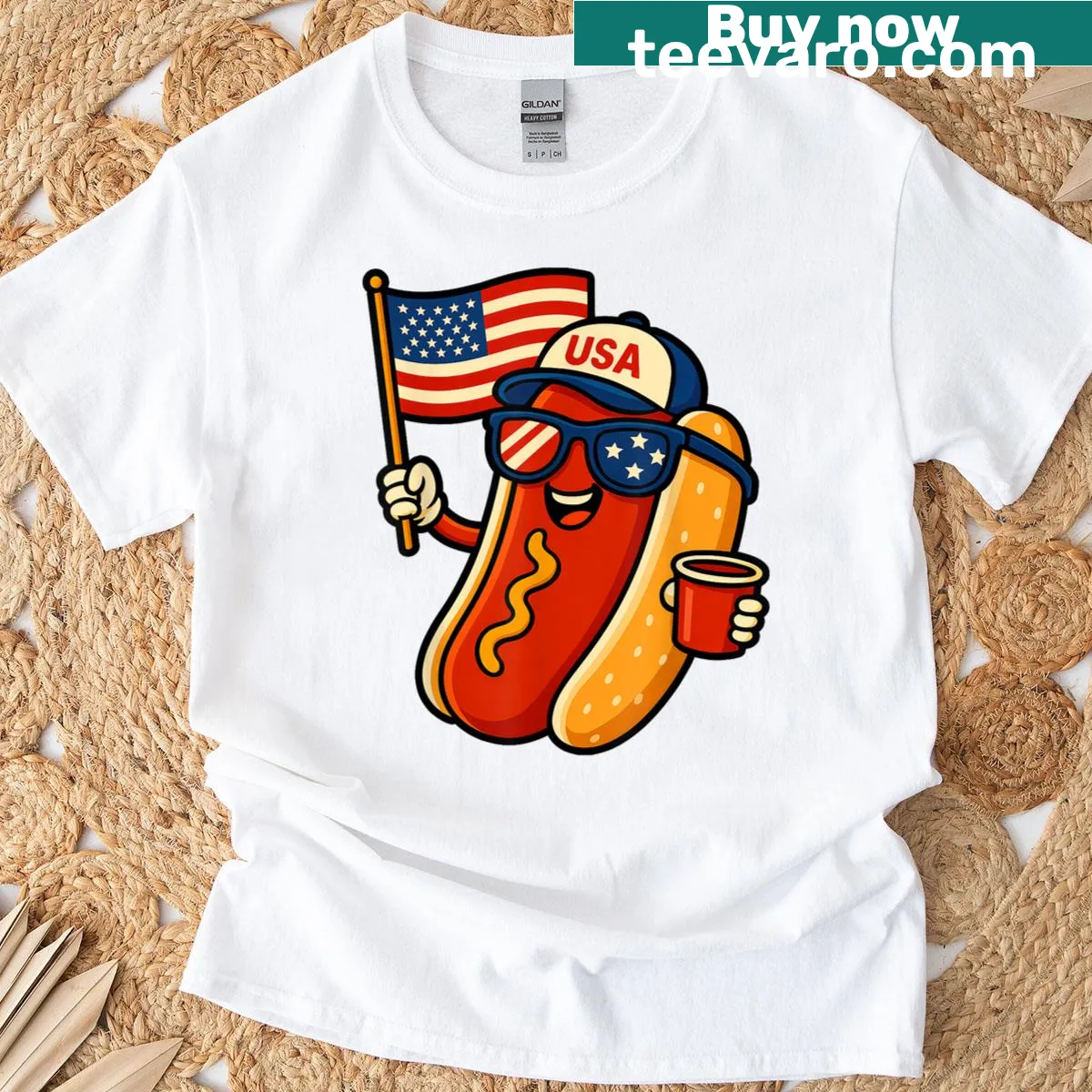 Funny hot dog t-shirt with patriotic USA flag design for July 4th — on a men's t-shirt