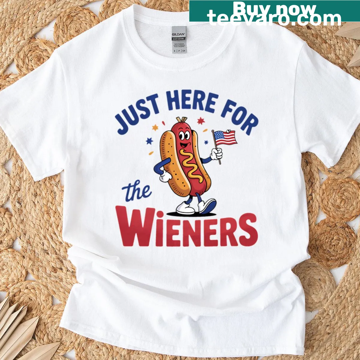 Funny Fourth of July t-shirt with wiener-themed humor — on a men's t-shirt