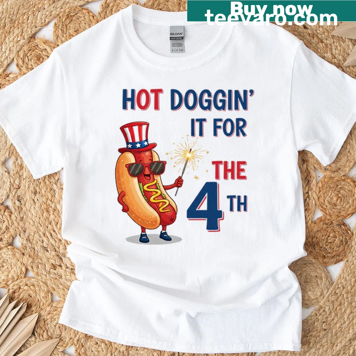 Funny July 4th t-shirt with hot dog theme and humorous saying — on a men's t-shirt