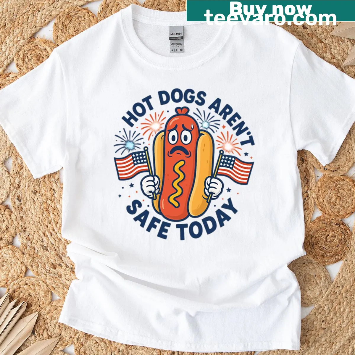 July 4th T-shirt with humorous hot dog warning — on a men's t-shirt