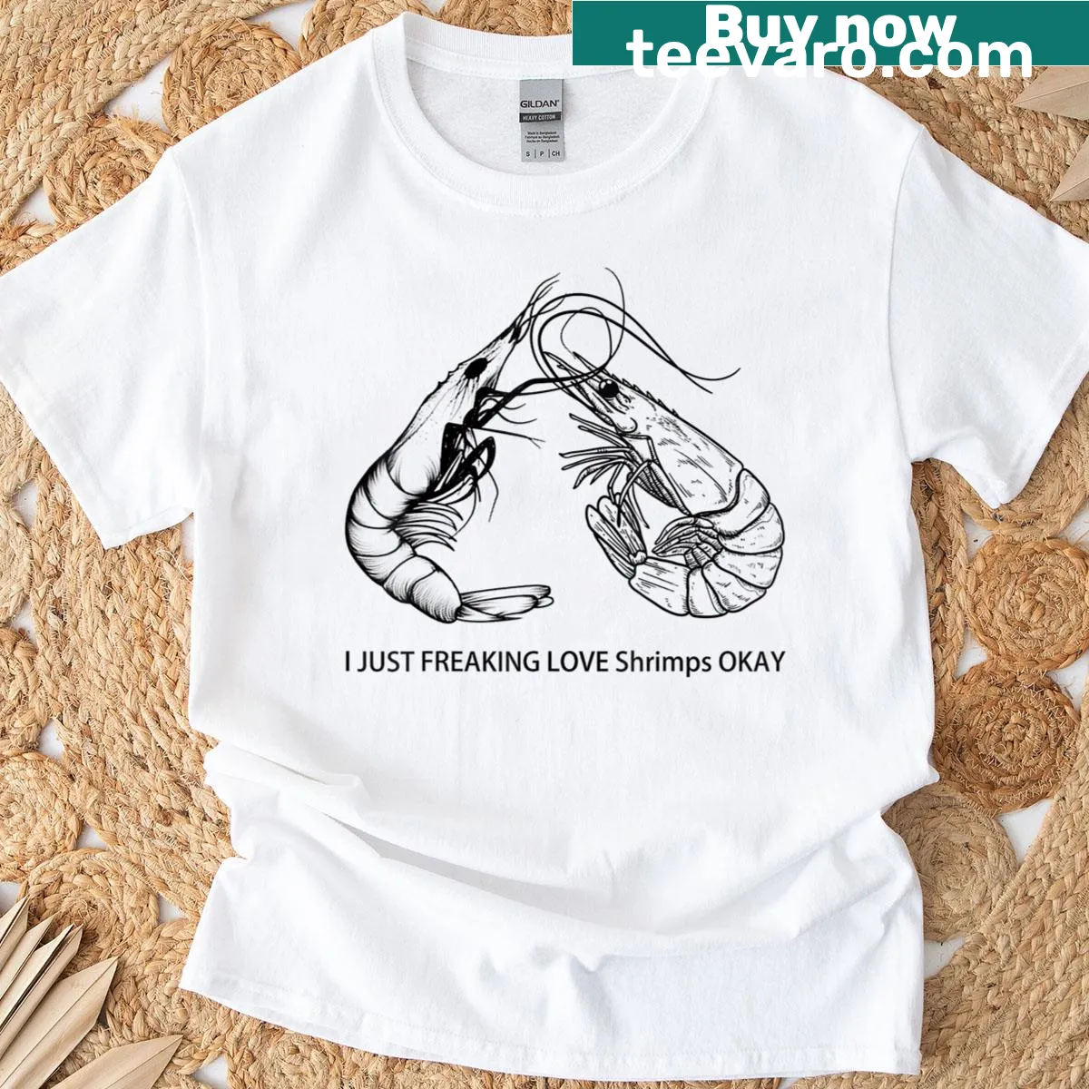 Humorous shrimp-loving T-shirt with meme-inspired design and funny phrase — on a men's t-shirt
