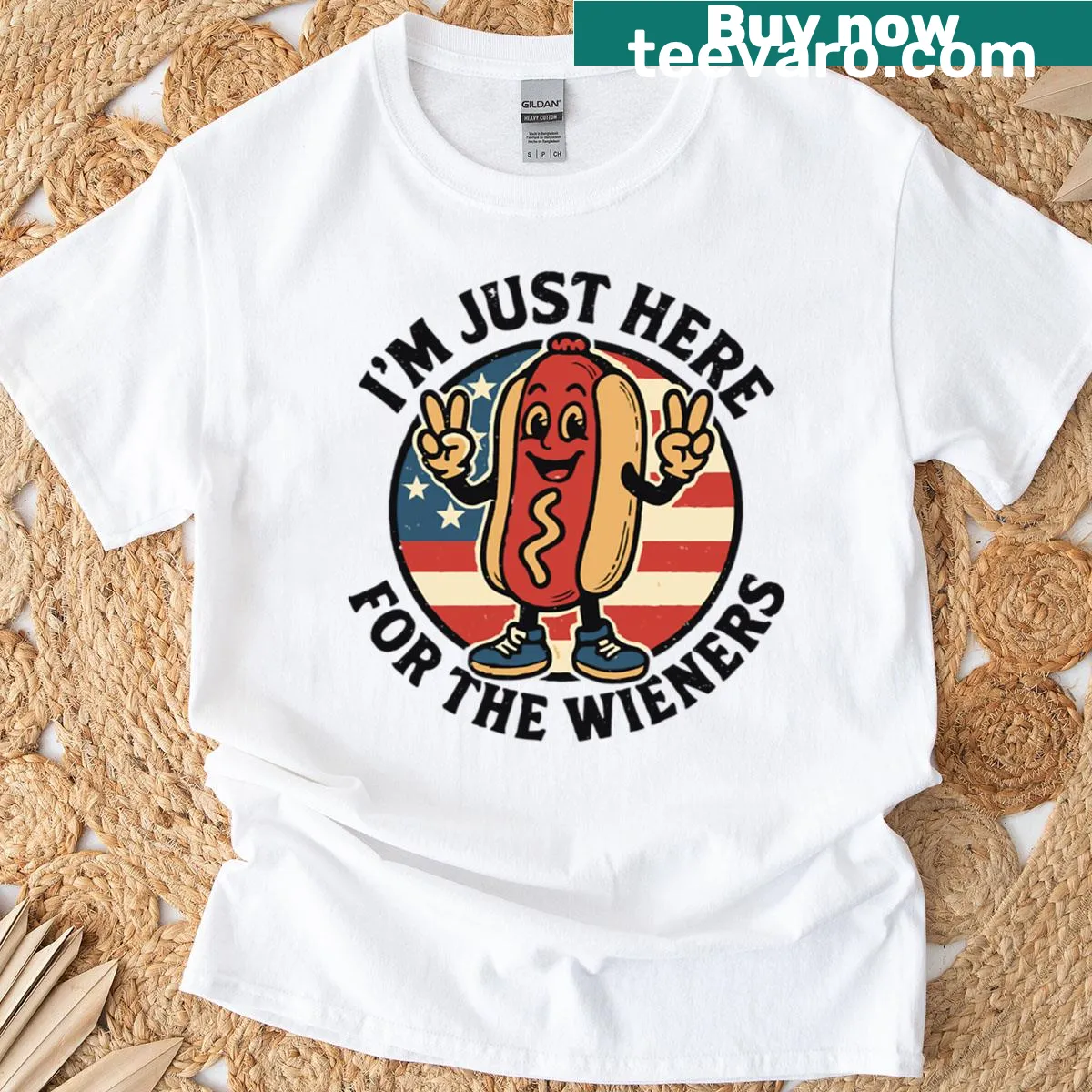 Funny T-shirt with a playful hot dog phrase for July 4th. — on a men's t-shirt