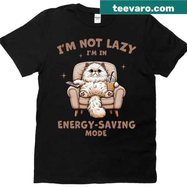 Humorous T-shirt featuring a sleeping cat and the phrase 'I'm Not Lazy I'm On Energy-saving Mode'