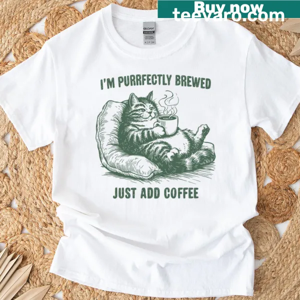 Retro T-shirt featuring a lazy cat and coffee-themed text