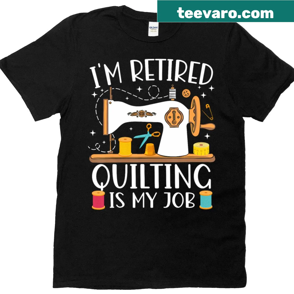 Quilting themed t-shirt with the text 'I'm Retired, Quilting is My Job' — on a men's t-shirt
