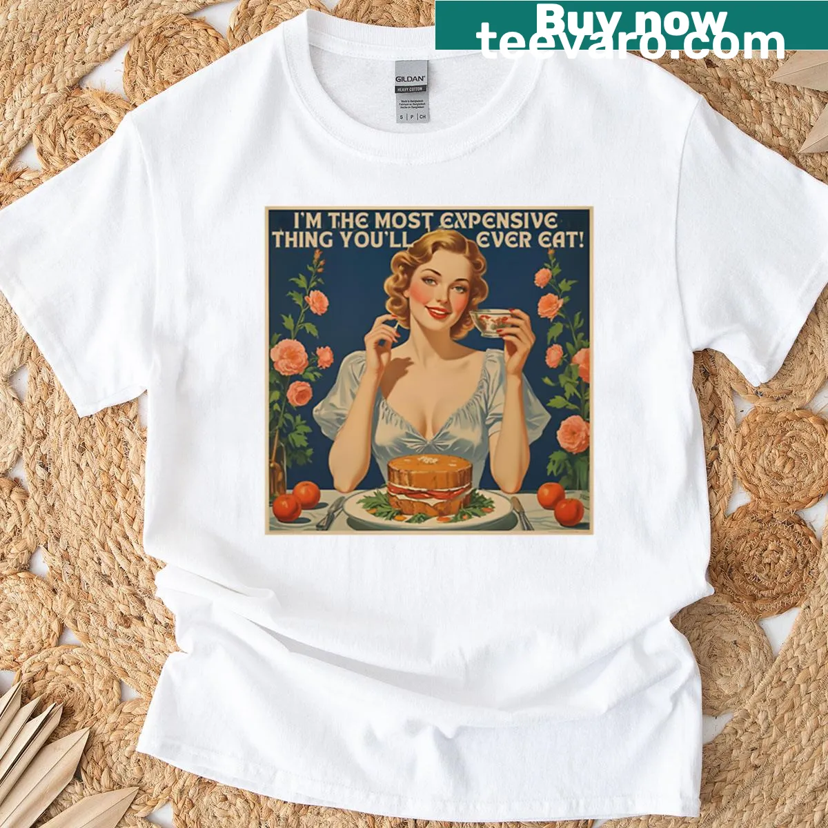 Funny graphic T-shirt with text about being expensive to eat — on a men's t-shirt