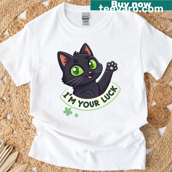 Whimsical graphic of a black cat with the phrase 'I'm Your Luck'