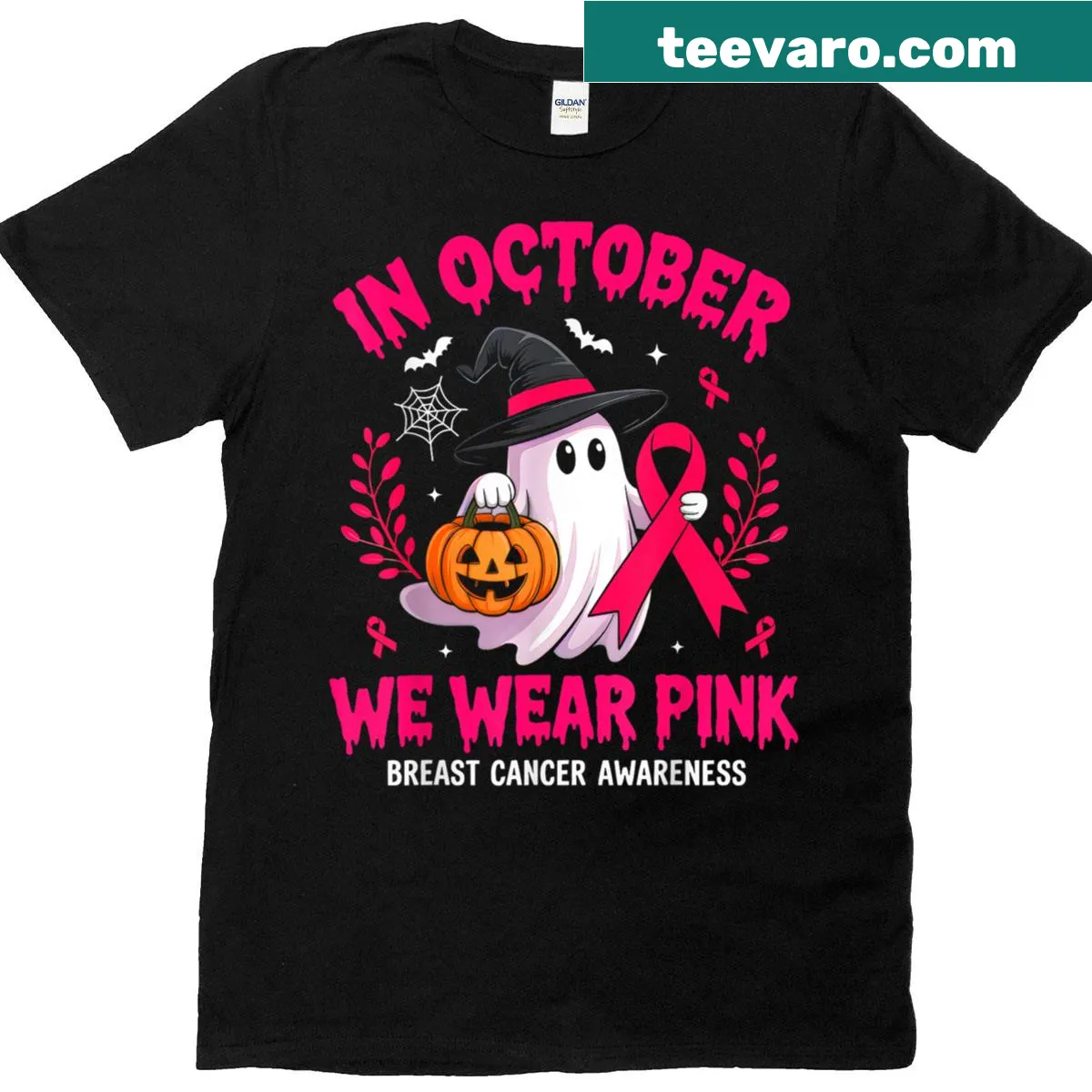 Ghost and witch graphic t-shirt for Breast Cancer Awareness — on a men's t-shirt