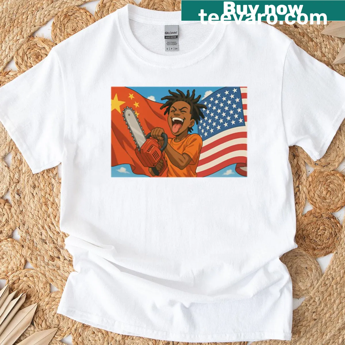 Graphic T-shirt with a chainsaw design appealing to gamers. — on a men's t-shirt