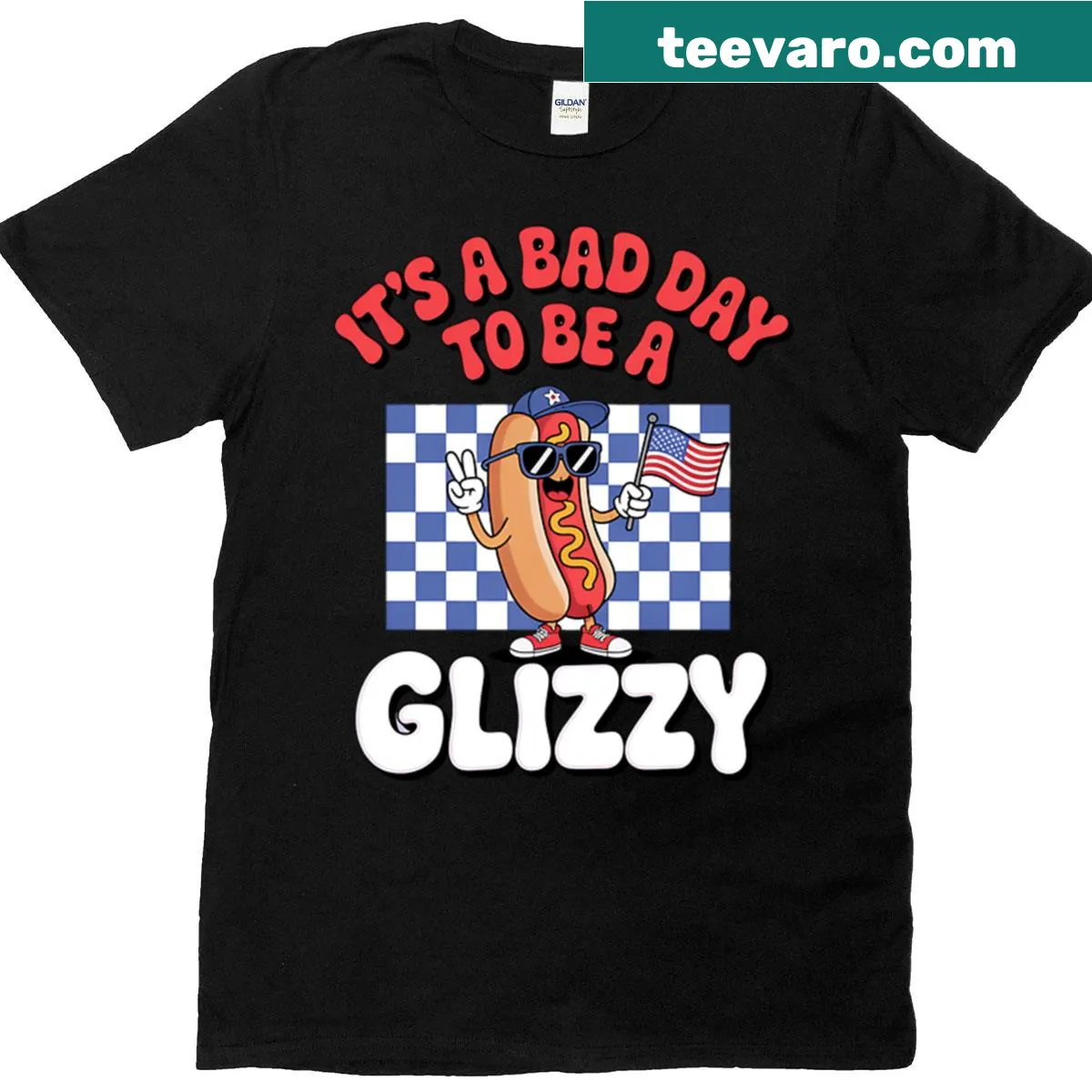 Funny hot dog themed graphic on a Fourth of July T-shirt — on a men's t-shirt
