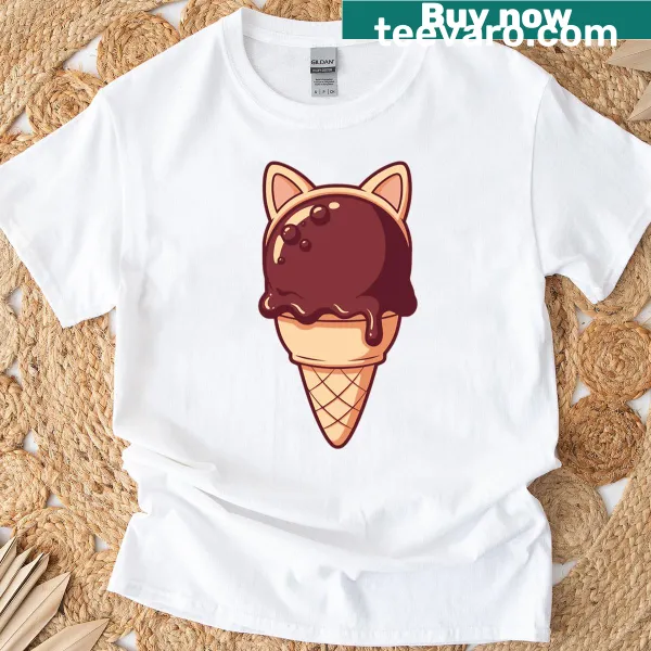 Kawaii cat with ice cream graphic on a National Ice Cream Day t-shirt