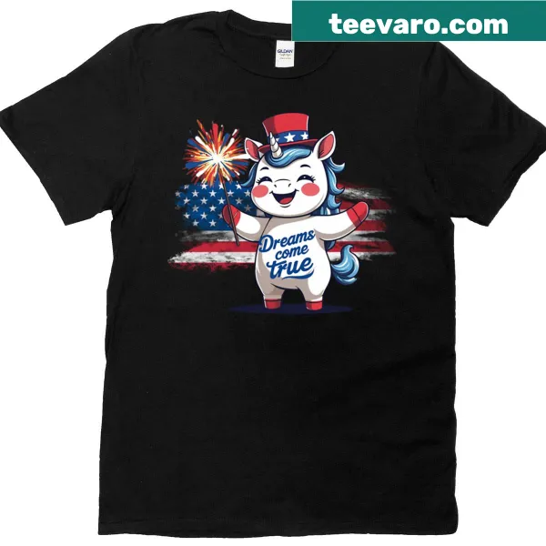 Playful unicorn design for July 4th t-shirt celebrating the American Dream