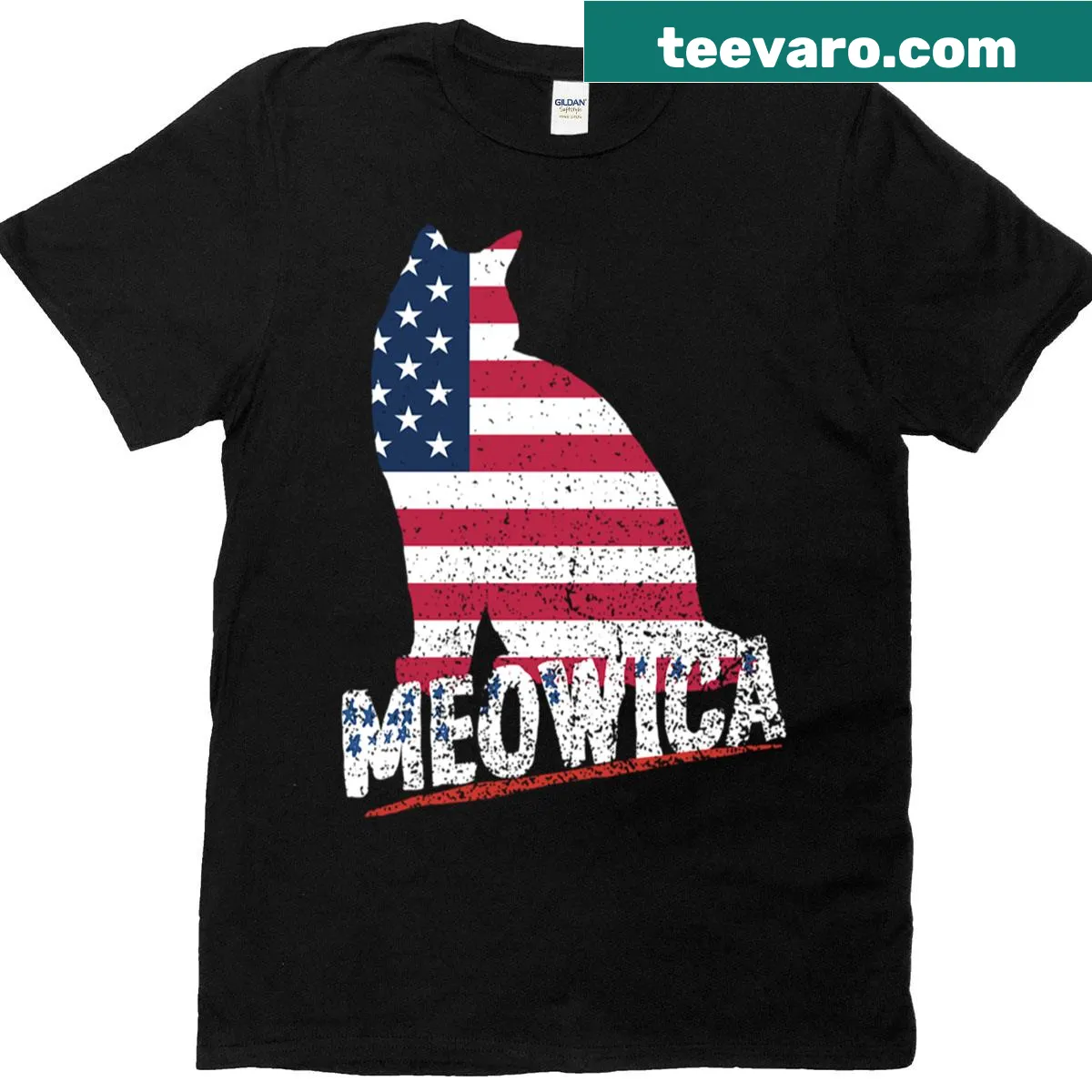 Funny cat-themed 4th of July T-shirt with American flag — on a men's t-shirt