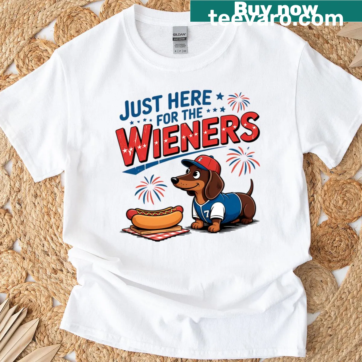 Funny dog-themed t-shirt with 'Just Here For The Wieners' text — on a men's t-shirt
