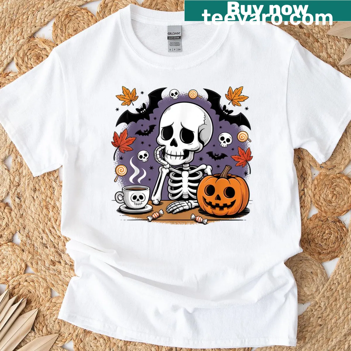Playful Halloween T-shirt with a skeleton and coffee design — on a men's t-shirt