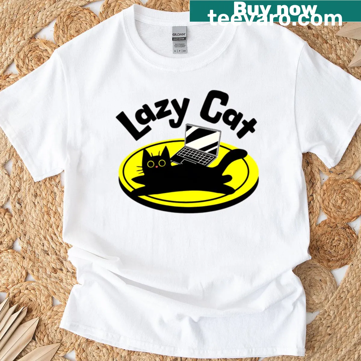 Cute illustration of a lazy black cat on a funny T-shirt. — on a men's t-shirt