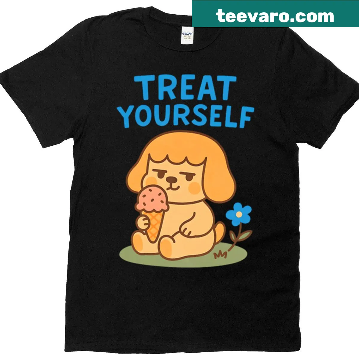 T-shirt featuring a relaxed dog and ice cream illustration — on a men's t-shirt
