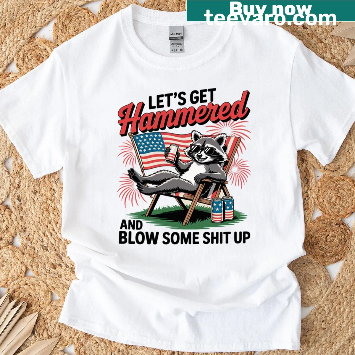Bold T-shirt featuring a raccoon and edgy Fourth of July text. — on a men's t-shirt
