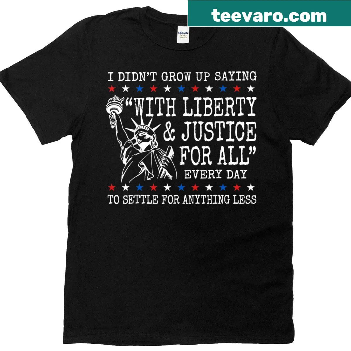 Patriotic t-shirt featuring Statue of Liberty and text — on a men's t-shirt