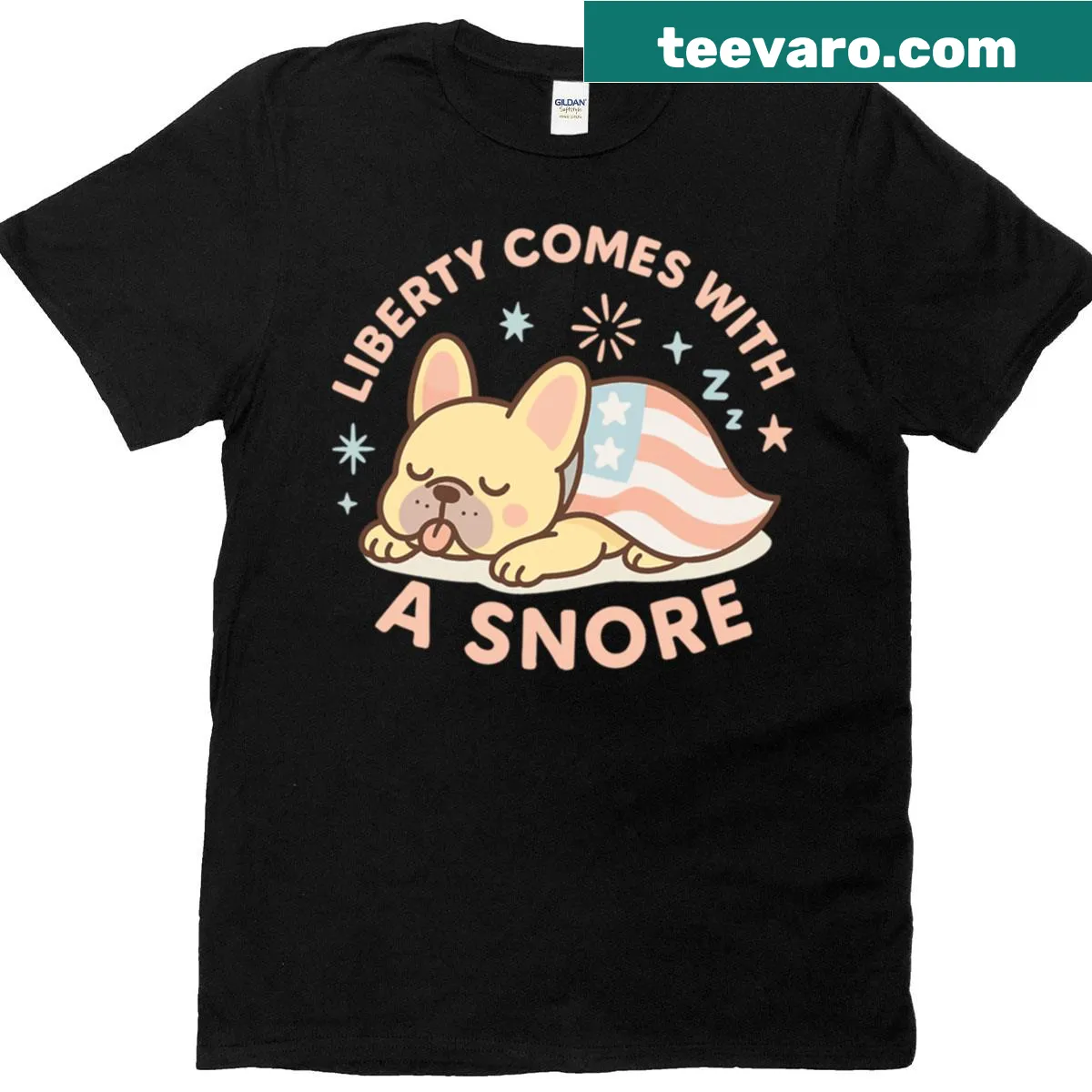 Funny French Bulldog graphic with the text 'Liberty Comes With A Snore' — on a men's t-shirt
