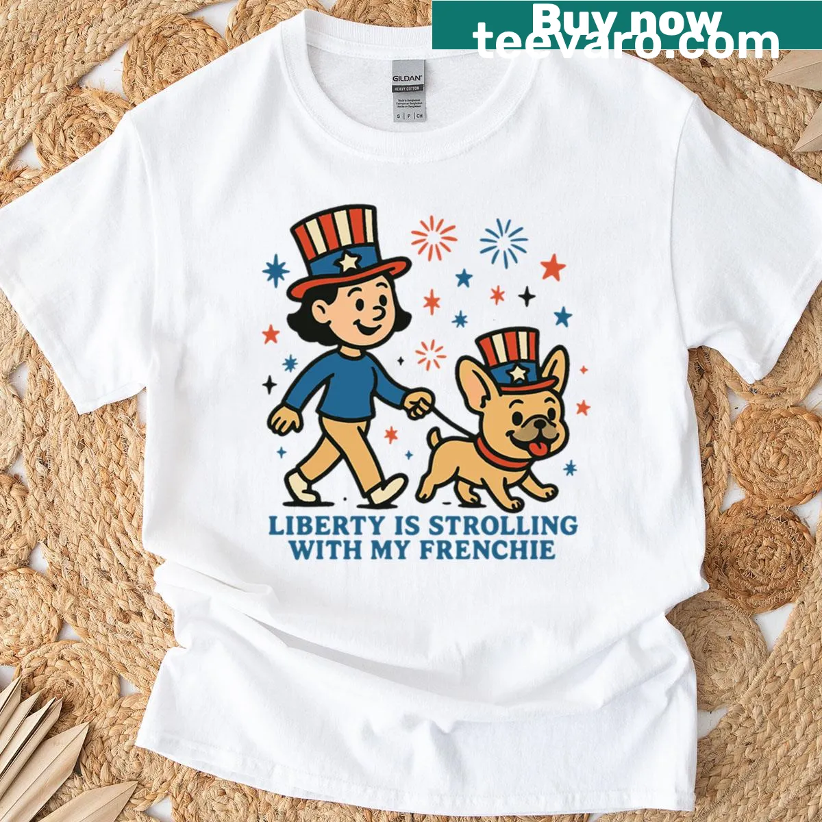 Patriotic t-shirt featuring a French Bulldog design for dog lovers — on a men's t-shirt