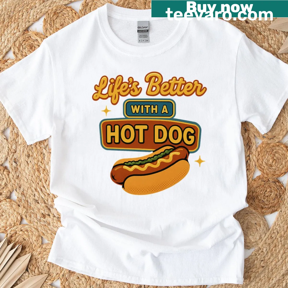 Retro funny t-shirt with hot dog graphic for BBQ lovers — on a men's t-shirt