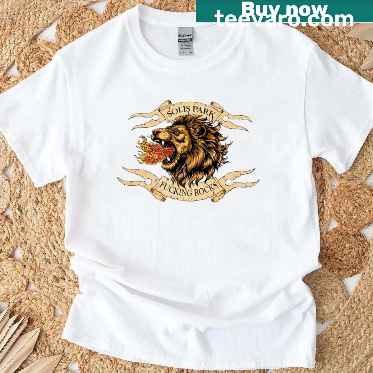 Lion graphic surrounded by flames on a T-shirt — on a men's t-shirt