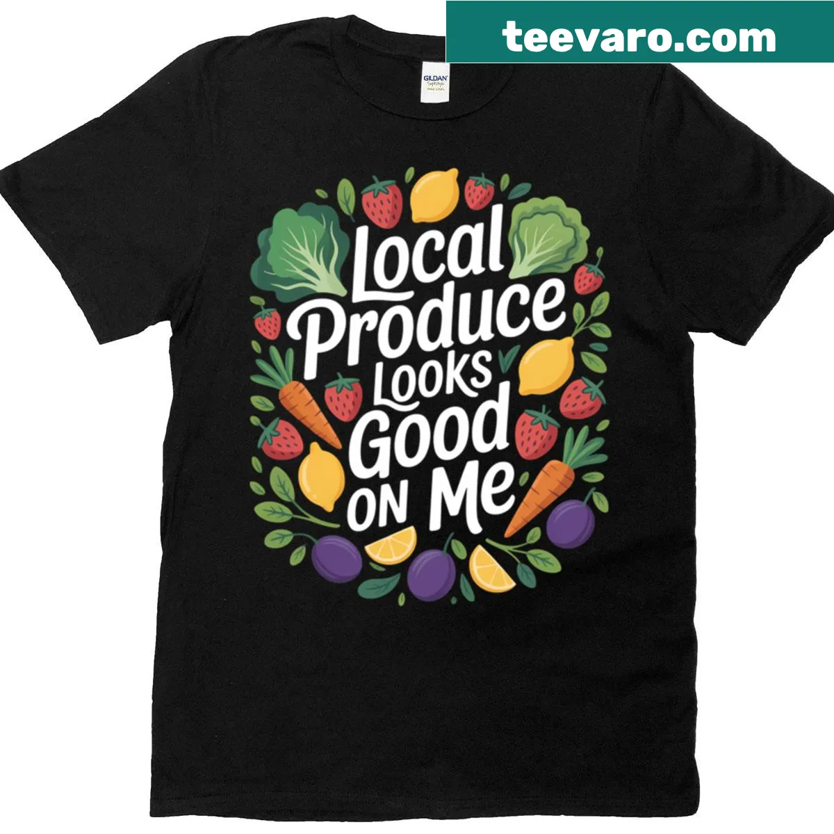 Funny Local Produce vegan t-shirt with playful quote design — on a men's t-shirt