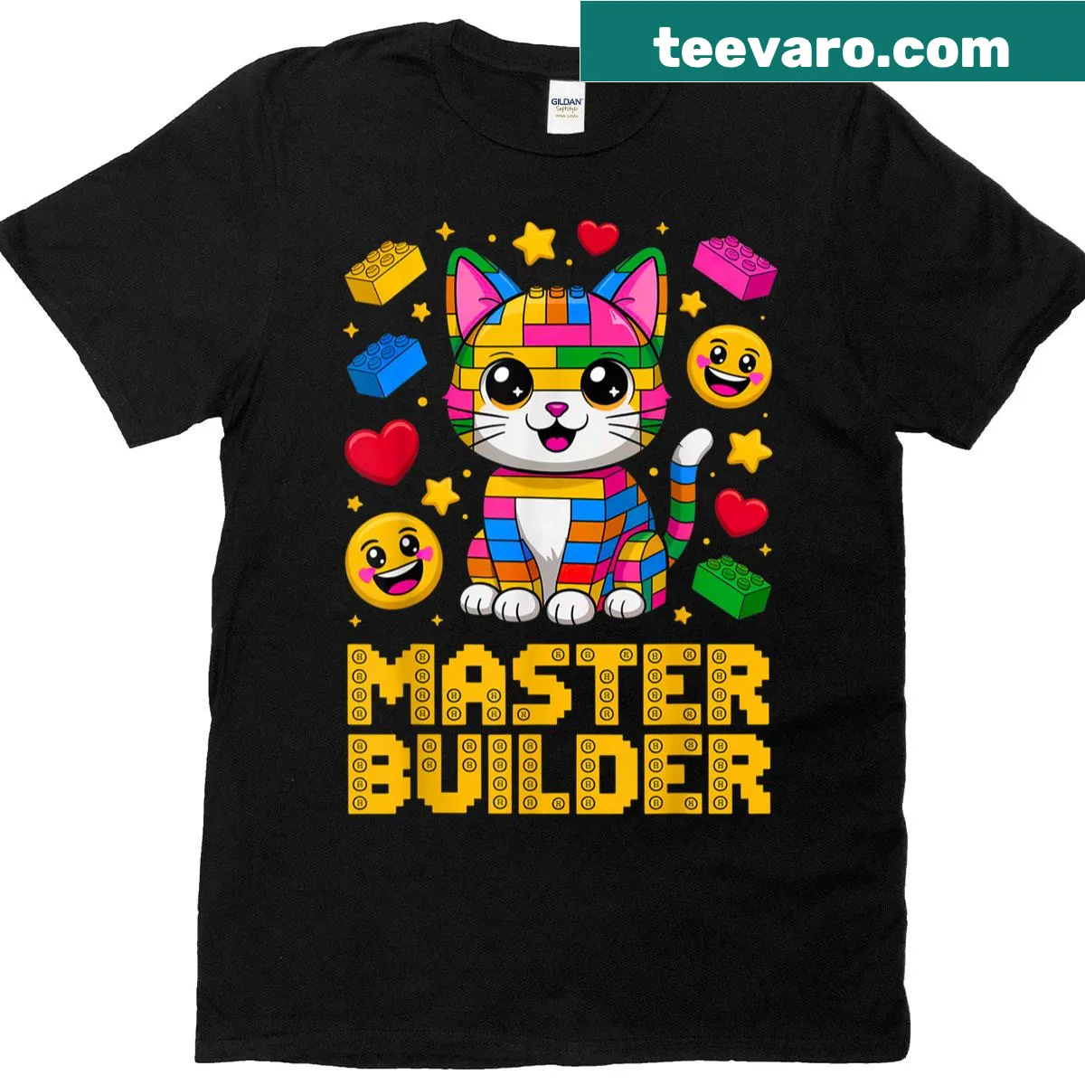 Playful T-shirt for kids featuring building blocks and a cat theme — on a men's t-shirt