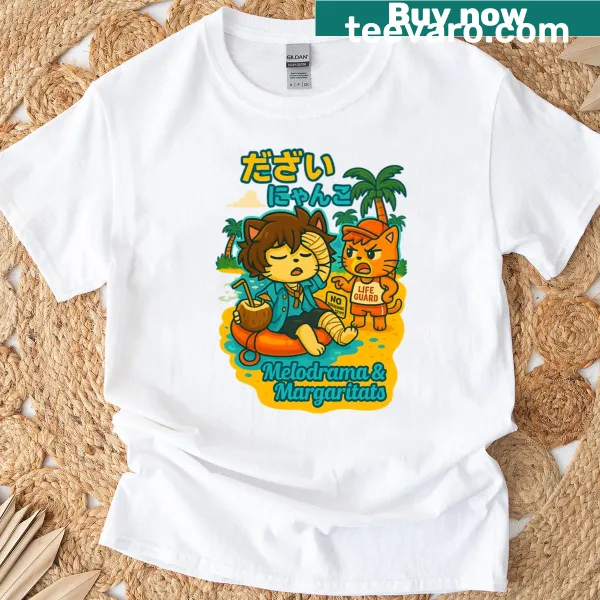 Playful t-shirt with Dazai-inspired cat and margarita design