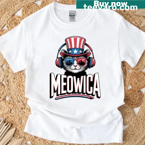 Cat-themed 4th of July t-shirt with 'Meowica' text