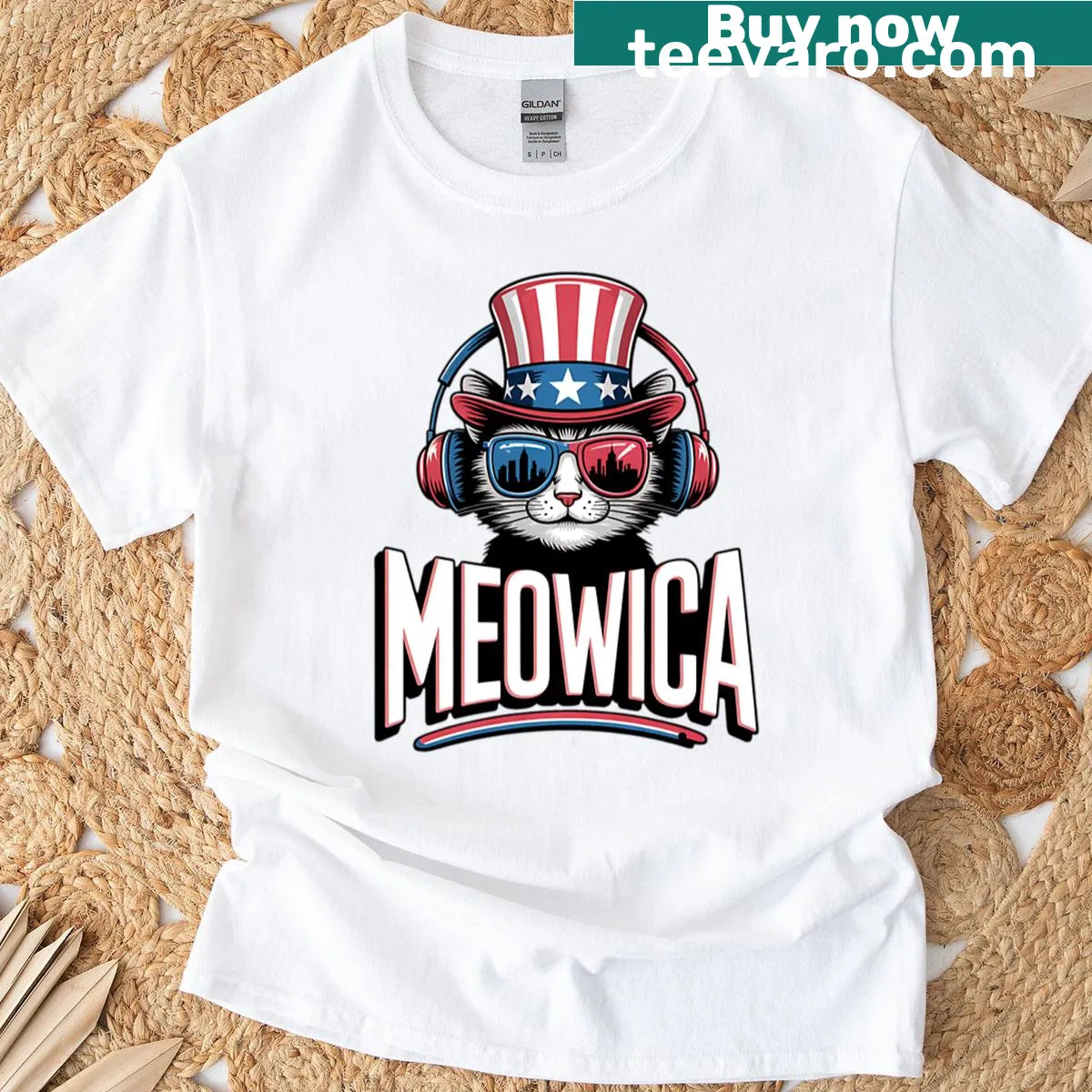 Cat-themed 4th of July t-shirt with 'Meowica' text — on a men's t-shirt