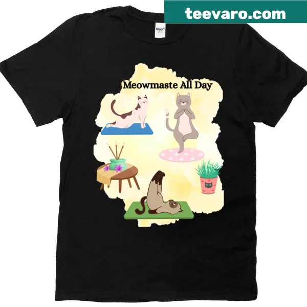 Yoga-themed cat illustration with 'Meowmaste All Day' text