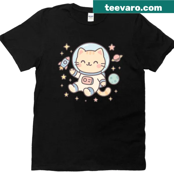 Kawaii cat astronaut t-shirt with a cat floating in outer space