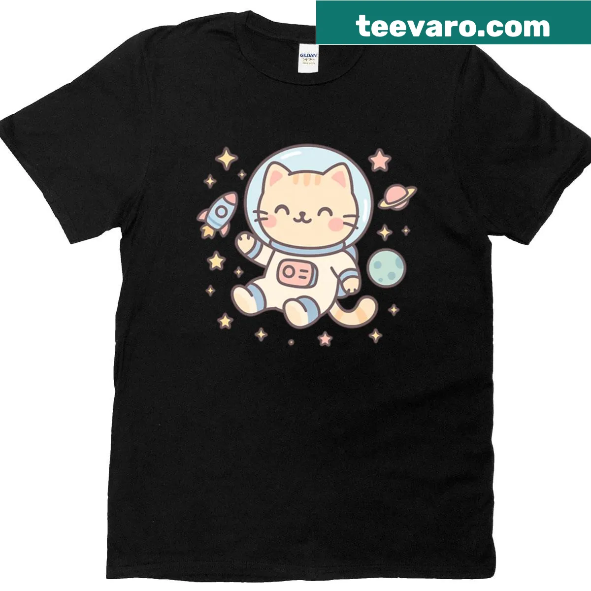 Kawaii cat astronaut t-shirt with a cat floating in outer space — on a men's t-shirt