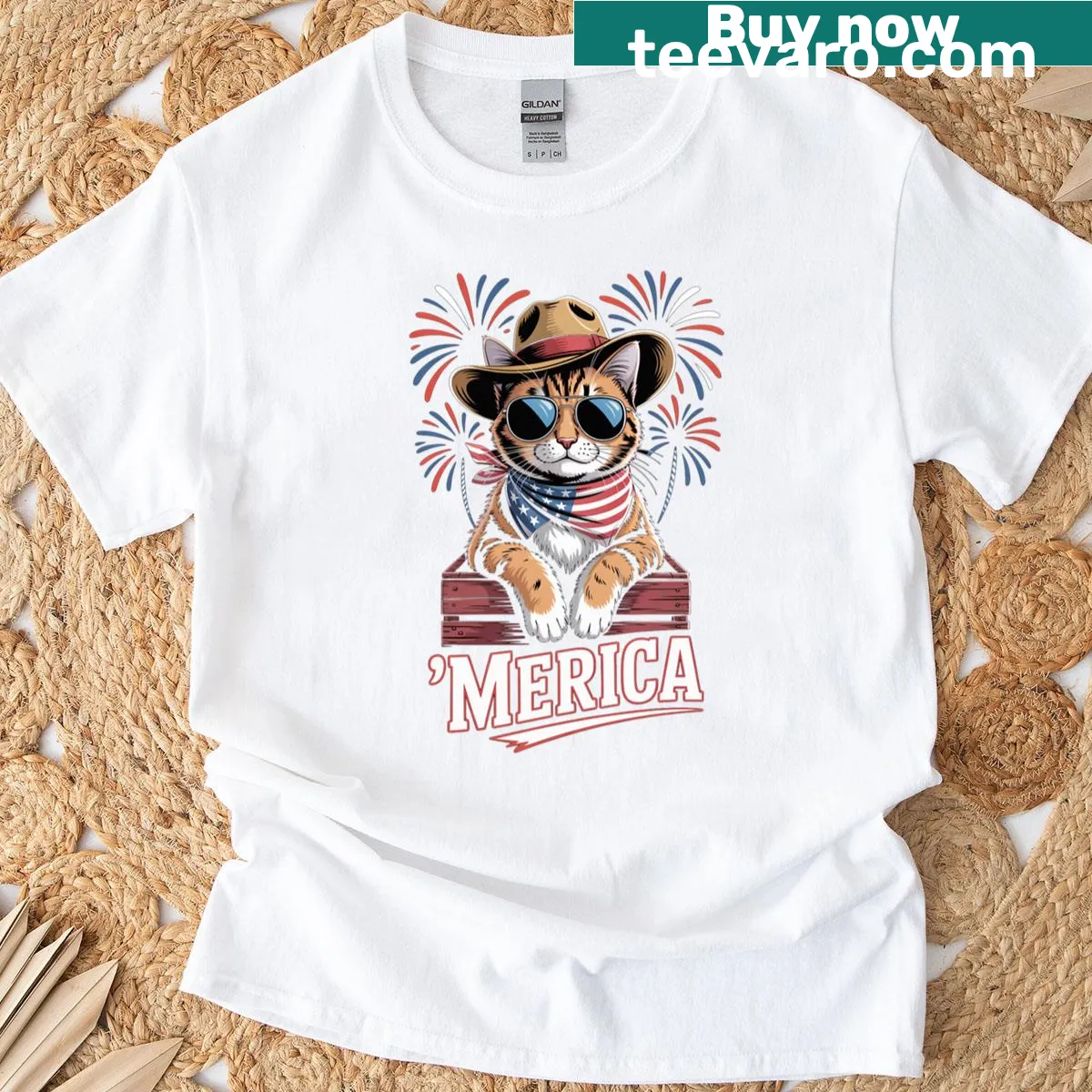 Fitted scoop shirt with 'Merica' and a cat design for July 4th — on a men's t-shirt