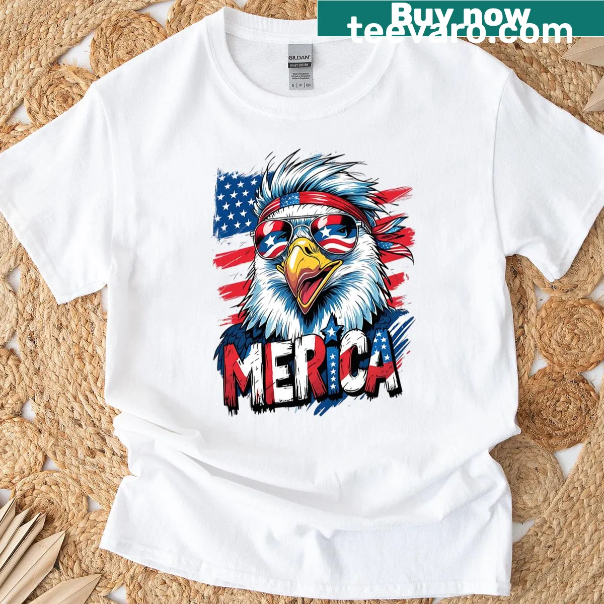 Funny oversized shirt featuring a bald eagle with a mullet for July 4th — on a men's t-shirt