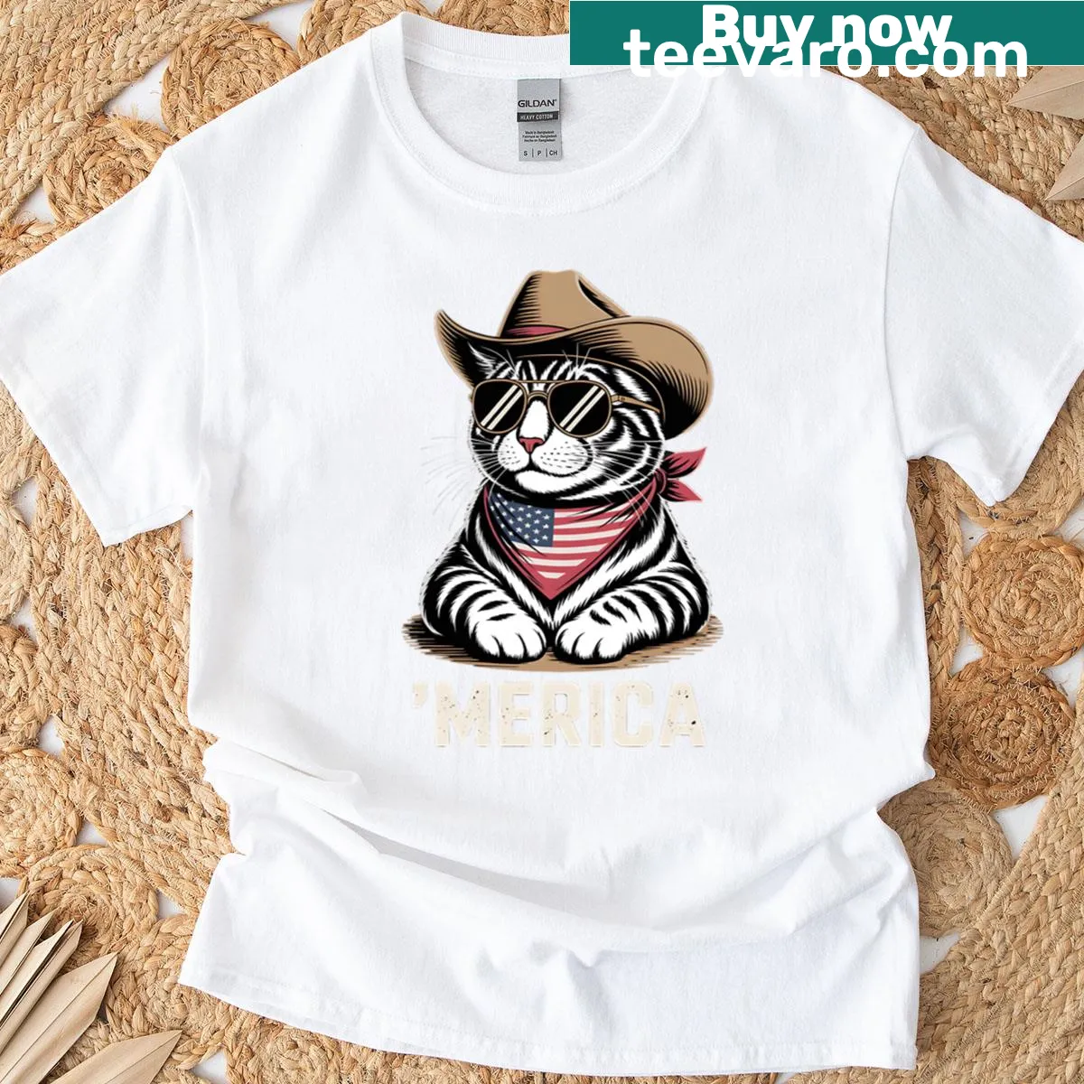 Oversized patriotic t-shirt with cowboy cat graphic for 4th of July — on a men's t-shirt