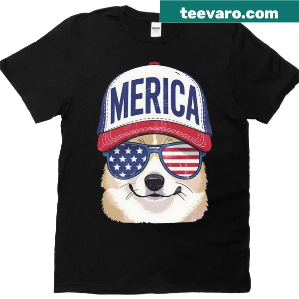 Corgi dog wearing sunglasses and a hat for Fourth of July